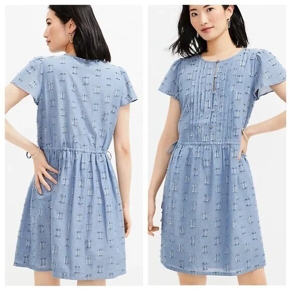 LOFT Dresses & Skirts - LOFT Sz L Dress Clip Pintucked Blue Cotton Chambray Cottagecore Sundress